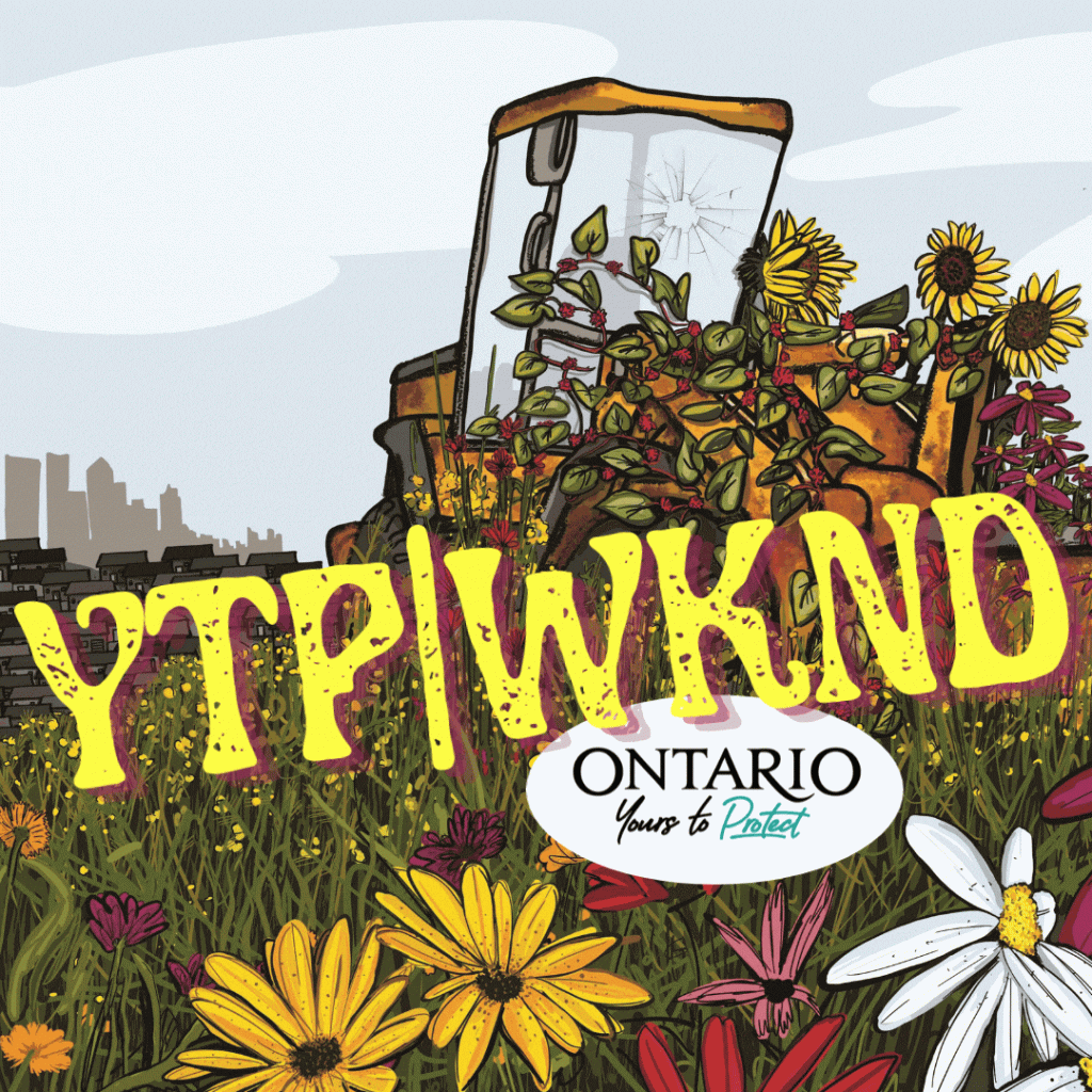 A bulldozer covered in flowers and the title "YTP WKND"